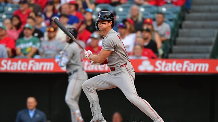 Jun 23, 2025; Anaheim, California, USA; Boston Red Sox designated hitter Roman Anthony (19) hits a single against the Los Angeles Angels during the first inning at Angel Stadium. Mandatory Credit: Gary A. Vasquez-Imagn Images Jun 23, 2025; Anaheim, California, USA; Boston Red Sox designated hitter Roman Anthony (19) hits a single against the Los Angeles Angels during the first inning at Angel Stadium. Mandatory Credit: Gary A. Vasquez-Imagn Images