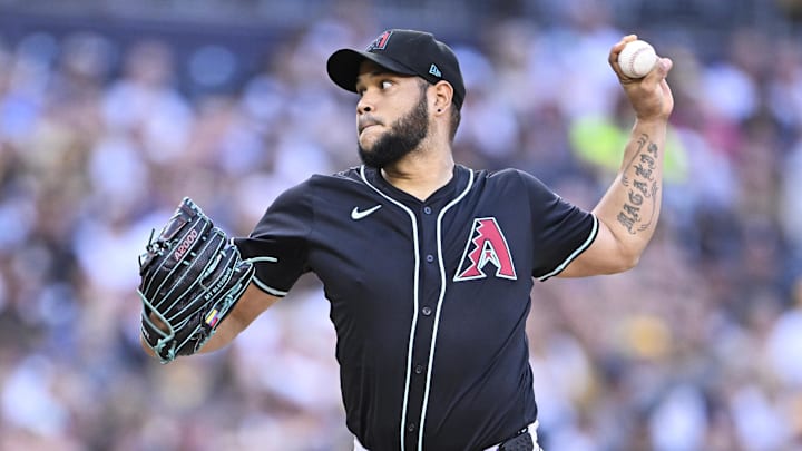 Sep 27, 2025; San Diego, California, USA; Arizona Diamondbacks starting pitcher Eduardo Rodriguez (57) delivers during the second inning against the Arizona Diamondbacks at Petco Park. Mandatory Credit: Denis Poroy-Imagn Images