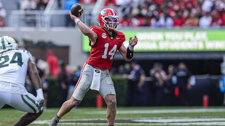 Nov 22, 2025; Athens, Georgia, USA; Georgia Bulldogs quarterback Gunner Stockton (14) passes the ball against the Charlotte 49ers during the first quarter at Sanford Stadium. Mandatory Credit: Dale Zanine-Imagn Images Nov 22, 2025; Athens, Georgia, USA; Georgia Bulldogs quarterback Gunner Stockton (14) passes the ball against the Charlotte 49ers during the first quarter at Sanford Stadium. Mandatory Credit: Dale Zanine-Imagn Images