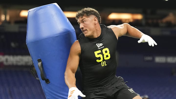 Feb 26, 2026; Indianapolis, IN, USA; Wisconsin defensive lineman Mason Reiger (DL58) during the NFL Scouting Combine  at Lucas Oil Stadium. Mandatory Credit: Kirby Lee-Imagn Images