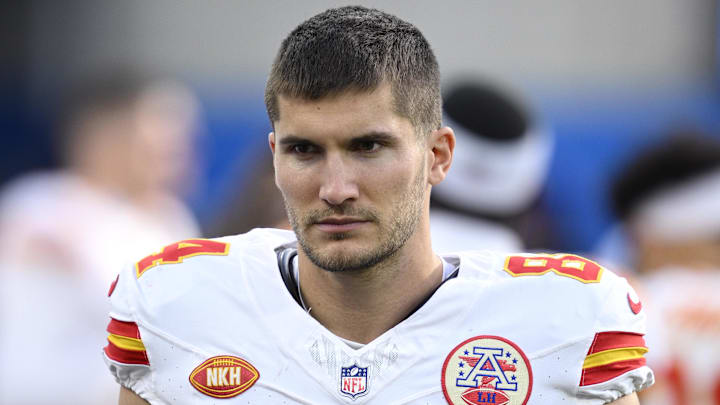 Jan 7, 2024; Inglewood, California, USA; Kansas City Chiefs wide receiver Justin Watson (84) looks on during the first half against the Los Angeles Chargers at SoFi Stadium. Mandatory Credit: Orlando Ramirez-Imagn Images