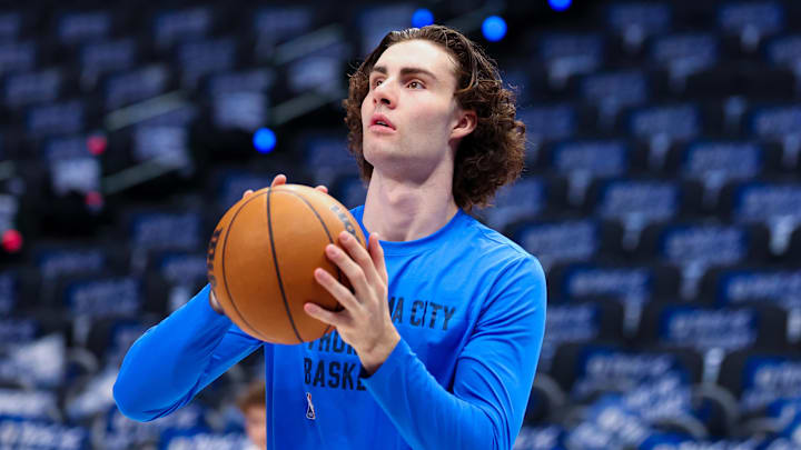 May 18, 2024; Dallas, Texas, USA; Oklahoma City Thunder guard Josh Giddey (3) warms up before game six against the Dallas Mavericks in the second round of the 2024 NBA playoffs at American Airlines Center. Mandatory Credit: Kevin Jairaj-Imagn Images May 18, 2024; Dallas, Texas, USA; Oklahoma City Thunder guard Josh Giddey (3) warms up before game six against the Dallas Mavericks in the second round of the 2024 NBA playoffs at American Airlines Center. Mandatory Credit: Kevin Jairaj-Imagn Images