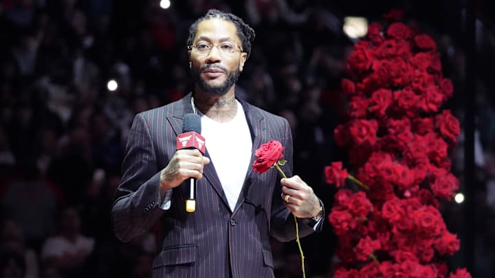 Jan 4, 2025; Chicago, Illinois, USA; Chicago Bulls and New York Knicks former player Derrick Rose speaks as he is honored at halftime of a game between the Chicago Bulls and the New York Knicks at United Center. Mandatory Credit: David Banks-Imagn Images