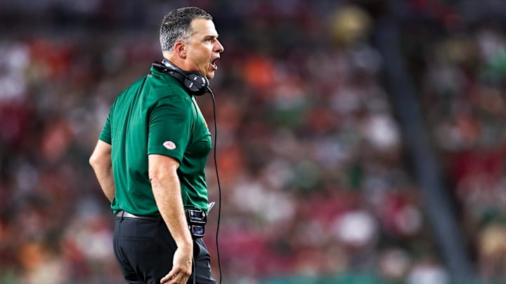 Sep 21, 2024; Tampa, Florida, USA; Miami Hurricanes head coach Mario Cristobal reacts to a play against the South Florida Bulls in the fourth quarter at Raymond James Stadium. Mandatory Credit: Nathan Ray Seebeck-Imagn Images