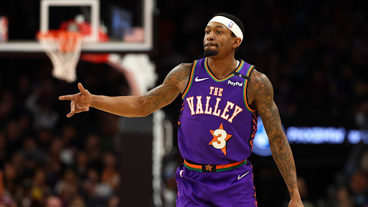 Jan 12, 2025; Phoenix, Arizona, USA; Phoenix Suns guard Bradley Beal (3) reacts against the Charlotte Hornets during the first half at Footprint Center. Mandatory Credit: Mark J. Rebilas-Imagn Images