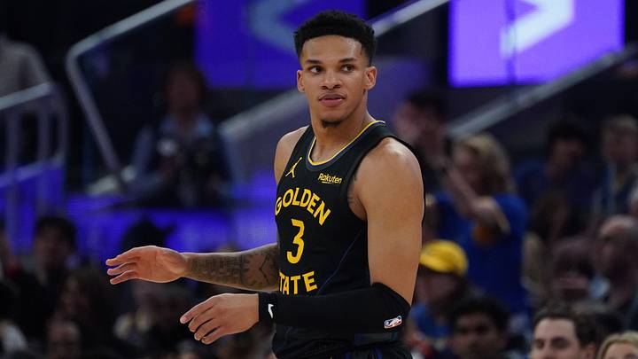 Feb 22, 2026; San Francisco, California, USA;  Golden State Warriors guard Will Richard (3) waits for play to resume in the second quarter against the Denver Nuggets at Chase Center. Mandatory Credit: David Gonzales-Imagn Images