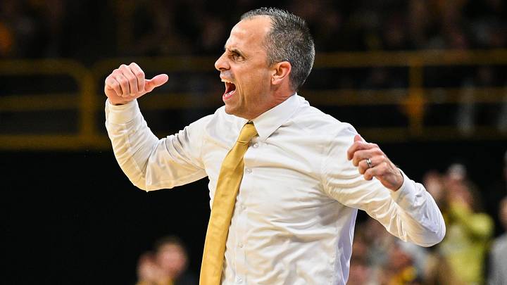 Nov 4, 2025; Iowa City, Iowa, USA; Iowa Hawkeyes head coach Ben McCollum reacts during the first half against the Robert Morris Colonials at Carver-Hawkeye Arena. Mandatory Credit: Jeffrey Becker-Imagn Images Nov 4, 2025; Iowa City, Iowa, USA; Iowa Hawkeyes head coach Ben McCollum reacts during the first half against the Robert Morris Colonials at Carver-Hawkeye Arena. Mandatory Credit: Jeffrey Becker-Imagn Images