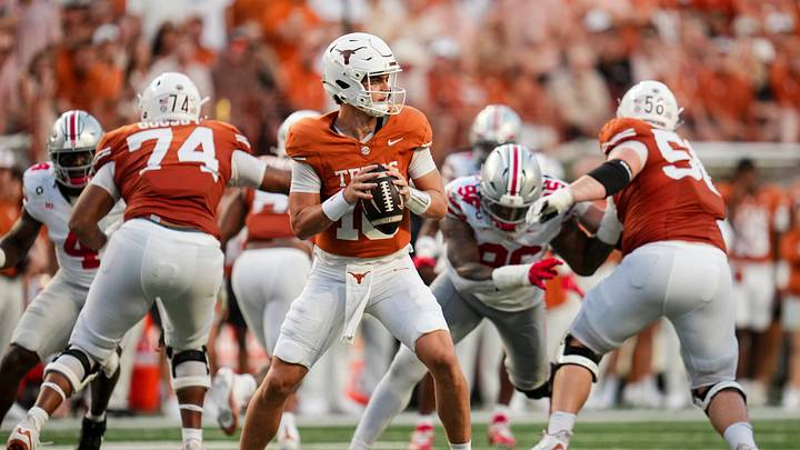 Texas Longhorns quarterback Arch Manning looks to throw during the NCAA football game against the Ohio State Buckeyes at Darrell K Royal–Texas Memorial Stadium in Austin, Texas on Sept. 12, 2026.