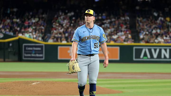 Jul 3, 2026; Phoenix, Arizona, USA; Milwaukee Brewers pitcher Kyle Harrison against the Arizona Diamondbacks at Chase Field. Mandatory Credit: Mark J. Rebilas-Imagn Images Jul 3, 2026; Phoenix, Arizona, USA; Milwaukee Brewers pitcher Kyle Harrison against the Arizona Diamondbacks at Chase Field. Mandatory Credit: Mark J. Rebilas-Imagn Images
