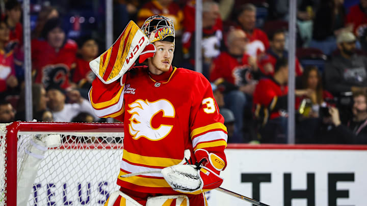 Mar 24, 2026; Calgary, Alberta, CAN; Calgary Flames goaltender Dustin Wolf (32) against the Los Angeles Kings during the third period at Scotiabank Saddledome. Mandatory Credit: Sergei Belski-Imagn Images