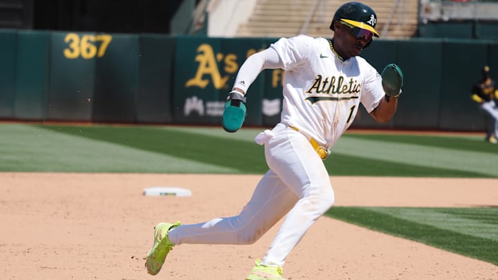 May 1, 2024; Oakland, California, USA; Oakland Athletics center fielder Esteury Ruiz (1) rounds third base for a run against the Pittsburgh Pirates during the eighth inning at Oakland-Alameda County Coliseum. Mandatory Credit: Kelley L Cox-Imagn Images