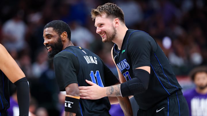 Feb 22, 2024; Dallas, Texas, USA; Dallas Mavericks guard Luka Doncic (77) celebrates with Dallas
