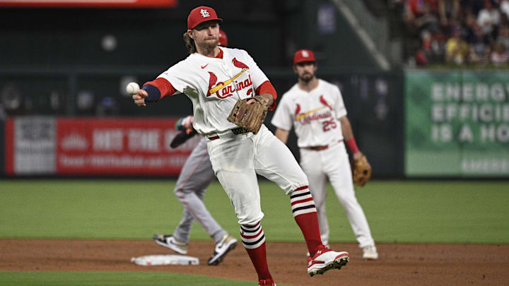 Sep 16, 2025; St. Louis, Missouri, USA; St. Louis Cardinals second baseman Brendan Donovan (33) throws out Cincinnati Reds third baseman Ke'Bryan Hayes (3) (not pictured) at first base in the second inning at Busch Stadium. Mandatory Credit: Joe Puetz-Imagn Images