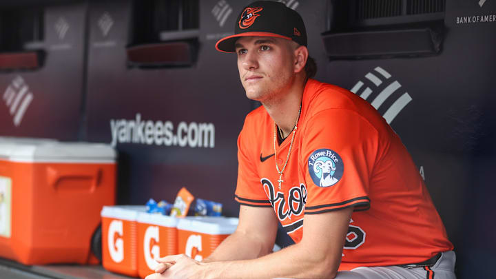 Sep 27, 2025; Bronx, New York, USA;  Baltimore Orioles first baseman Coby Mayo (16) at Yankee Stadium. Mandatory Credit: Wendell Cruz-Imagn Images