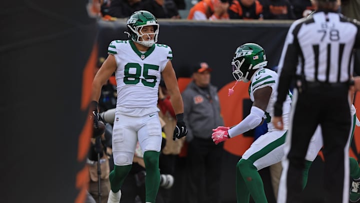 Oct 26, 2025; Cincinnati, Ohio, USA; New York Jets tight end Mason Taylor (85) celebrates after scoring a touch down during the fourth quarter against the Cincinnati Bengals at Paycor Stadium. Mandatory Credit: Katie Stratman-Imagn Images