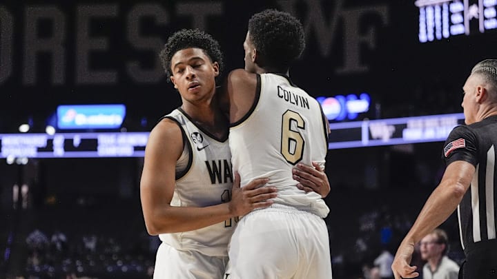 Dec 17, 2025; Winston-Salem, North Carolina, USA; Wake Forest Demon Deacons guard Myles Colvin (6) and guard Mekhi Mason (8) react to the close win against the Longwood Lancers during the second half at Lawrence Joel Veterans Memorial Coliseum. Mandatory Credit: Jim Dedmon-Imagn Images