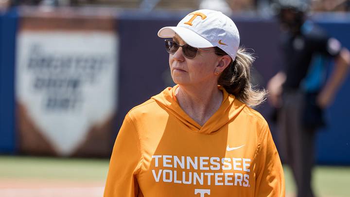 May 28, 2026; Oklahoma City, OK, USA;  Tennessee Lady Volunteers head coach Karen Weekly looks out over the field in the first inning against the Texas Longhorns  during the NCAA Women’s College World Series at Devon Park.  Tennessee won 6-3. Mandatory Credit: Brett Rojo-Imagn Images