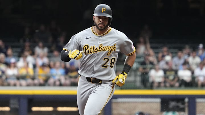 Jun 23, 2025; Milwaukee, Wisconsin, USA; Pittsburgh Pirates outfielder Tommy Pham (28) rounds the bases after hitting a home run against the Milwaukee Brewers in the fourth inning at American Family Field. Mandatory Credit: Michael McLoone-Imagn Images