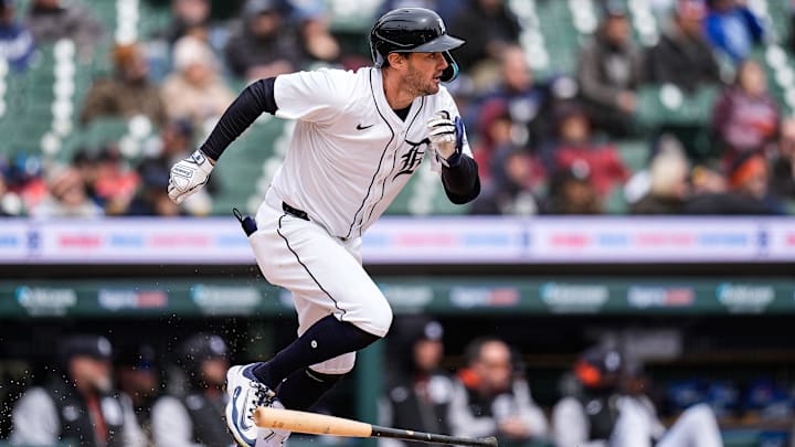 Detroit Tigers center fielder Ryan Kreidler (32) runs after batting against New York Yankees during the third inning at Comerica Park in Detroit on Wednesday, April 9, 2025.