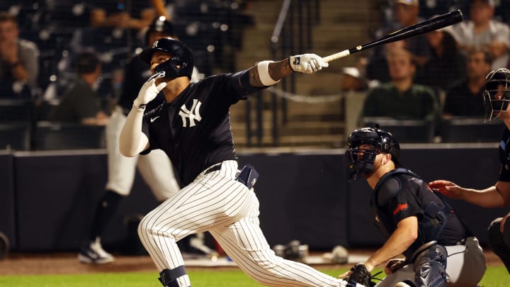Mar 7, 2024; Tampa, Florida, USA; New York Yankees outfielder Everson Pereira (80) hits a sacrifice fly during the first inning against the Detroit Tigers  at George M. Steinbrenner Field. Mandatory Credit: Kim Klement Neitzel-USA TODAY Sports