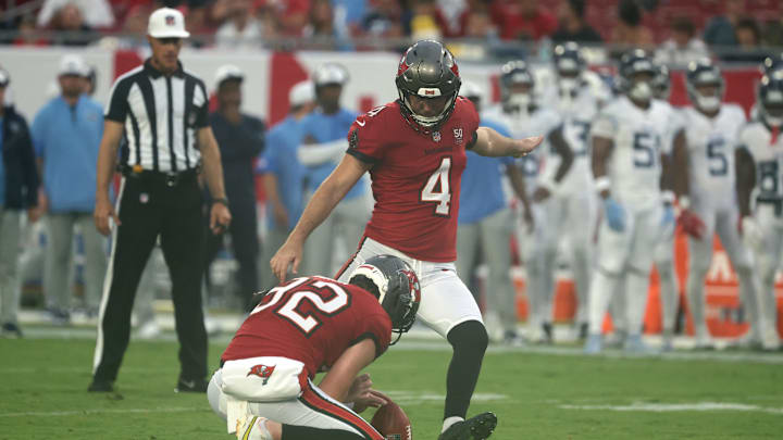 Aug 9, 2025; Tampa, Florida, USA; Tampa Bay Buccaneers place kicker Chase McLaughlin (4) kicks a 45-yard field goal against the Tennessee Titans during the first quarter at Raymond James Stadium. Mandatory Credit: Kim Klement Neitzel-Imagn Images Aug 9, 2025; Tampa, Florida, USA; Tampa Bay Buccaneers place kicker Chase McLaughlin (4) kicks a 45-yard field goal against the Tennessee Titans during the first quarter at Raymond James Stadium. Mandatory Credit: Kim Klement Neitzel-Imagn Images