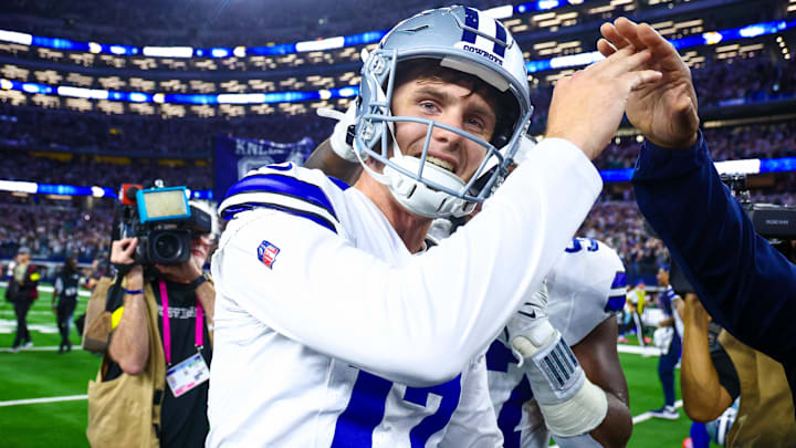 Dallas Cowboys kicker Brandon Aubrey celebrates after kicking the game-winning field goal against the Philadelphia Eagles 