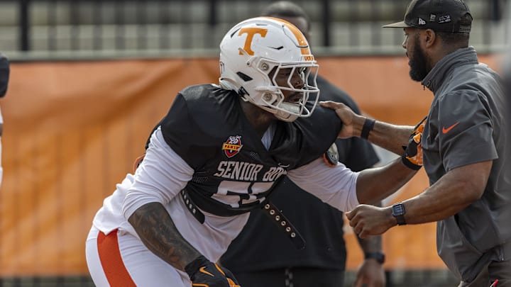 Jan 30, 2025; Mobile, AL, USA; American team defensive lineman Omarr Norman-Lott of Tennessee (55) works through drills during Senior Bowl practice for the American team at Hancock Whitney Stadium. Mandatory Credit: Vasha Hunt-Imagn Images