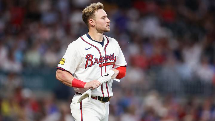 May 19, 2024; Atlanta, Georgia, USA; Atlanta Braves left fielder Jarred Kelenic (24) reacts after a strike out against the San Diego Padres in the fifth inning at Truist Park. Mandatory Credit: Brett Davis-Imagn Images
