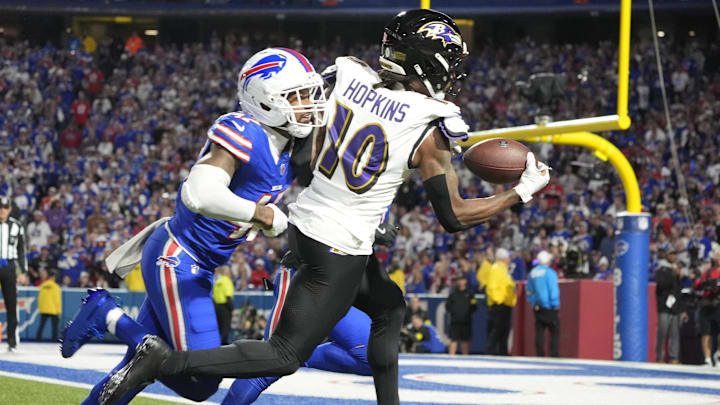 Sep 7, 2025; Orchard Park, New York, USA;  Baltimore Ravens wide receiver DeAndre Hopkins (10) scores a touchdown  against Buffalo Bills during the third quarter at Highmark Stadium. Mandatory Credit: Gregory Fisher-Imagn Images
