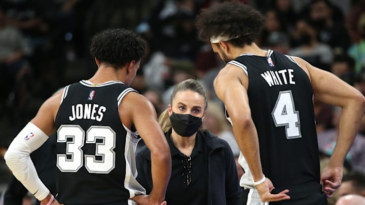 San Antonio Spurs Becky Hammon, Derrick White, Tre Jones
