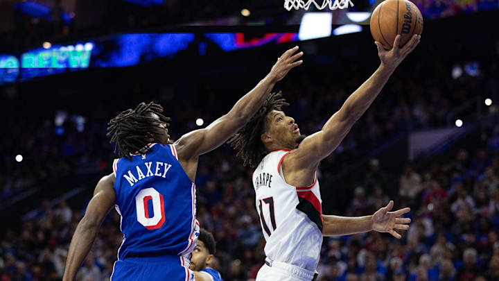 Oct 29, 2023; Philadelphia, Pennsylvania, USA; Portland Trail Blazers guard Shaedon Sharpe (17) drives for a shot against Philadelphia 76ers guard Tyrese Maxey (0) during the second quarter at Wells Fargo Center. Mandatory Credit: Bill Streicher-Imagn Images