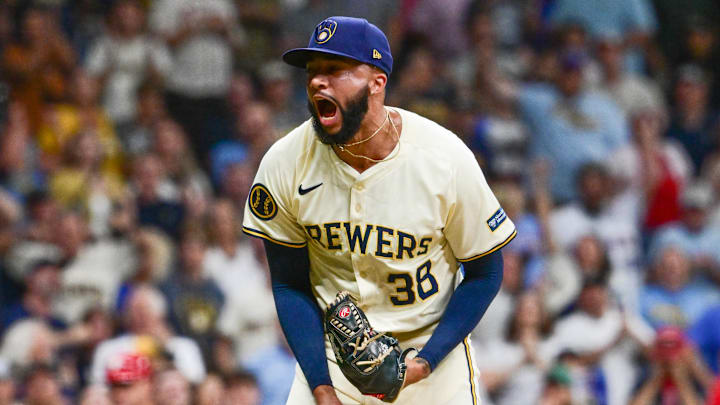 Sep 18, 2024; Milwaukee, Wisconsin, USA; Milwaukee Brewers pitcher Devin Williams (38) reacts after pitching in the ninth inning against the Philadelphia Phillies at American Family Field. Mandatory Credit: Benny Sieu-Imagn Images