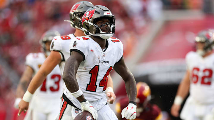 Sep 8, 2024; Tampa, Florida, USA; Tampa Bay Buccaneers wide receiver Chris Godwin (14) reacts after a play against the Washington Commanders in the fourth quarter at Raymond James Stadium. Sep 8, 2024; Tampa, Florida, USA; Tampa Bay Buccaneers wide receiver Chris Godwin (14) reacts after a play against the Washington Commanders in the fourth quarter at Raymond James Stadium.