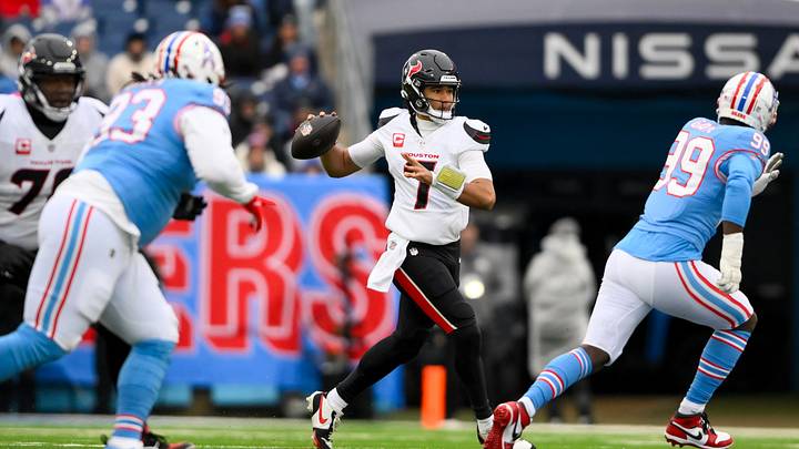 Jan 5, 2025; Nashville, Tennessee, USA; Houston Texans quarterback C.J. Stroud (7) scrambles against the Tennessee Titans during the first half at Nissan Stadium. Mandatory Credit: Steve Roberts-Imagn Images Jan 5, 2025; Nashville, Tennessee, USA; Houston Texans quarterback C.J. Stroud (7) scrambles against the Tennessee Titans during the first half at Nissan Stadium. Mandatory Credit: Steve Roberts-Imagn Images