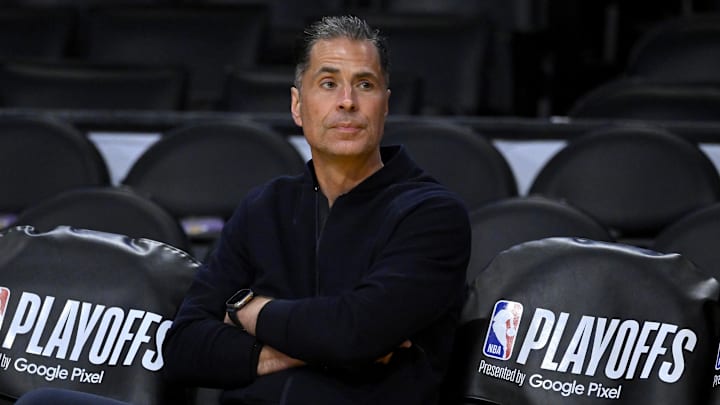 Apr 28, 2023; Los Angeles, California, USA; Los Angeles Lakers vice president of basketball operations and general manager Rob Pelinka looks on prior to game six of the 2023 NBA playoffs against the Memphis Grizzlies at Crypto.com Arena. Mandatory Credit: Jayne Kamin-Oncea-Imagn Images