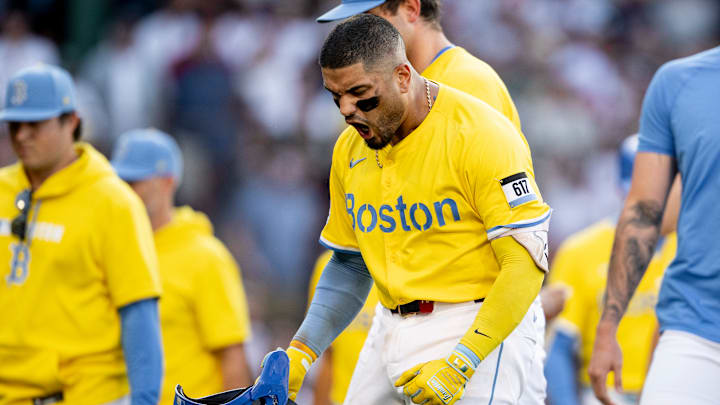 Boston Red Sox catcher Carlos Narváez celebrates against the Houston Astros. Boston Red Sox catcher Carlos Narváez celebrates against the Houston Astros.