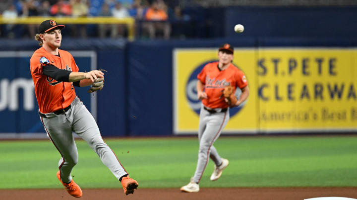 Aug 10, 2024; St. Petersburg, Florida, USA; Baltimore Orioles shortstop Gunnar Henderson (2) throws to first base in the fourth  inning against the Tampa Bay Rays at Tropicana Field. 