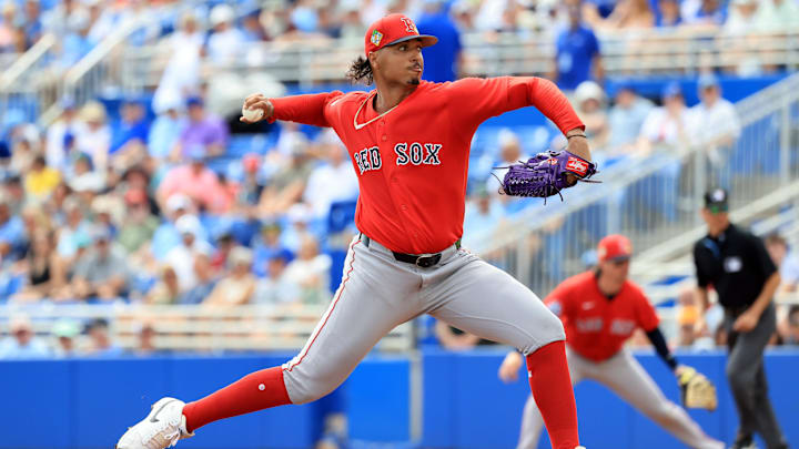 Mar 2, 2026; Dunedin, Florida, USA;  Boston Red Sox starting pitcher Johan Oviedo (29) throws a pitch during the first inning against the Toronto Blue Jays at TD Ballpark. Mandatory Credit: Kim Klement Neitzel-Imagn Images
