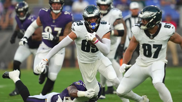 Aug 9, 2024; Baltimore, Maryland, USA; Philadelphia Eagles wide receiver Johnny Wilson (89) gains yards after his first quarter catch against the Baltimore Ravens at M&T Bank Stadium. Mandatory Credit: Mitch Stringer-Imagn Images