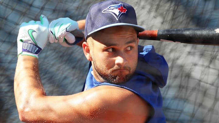 Aug 19, 2025; Pittsburgh, Pennsylvania, USA;  Toronto Blue Jays shortstop Bo Bichette (11) in the batting cage before the game against the Pittsburgh Pirates at PNC Park. 
