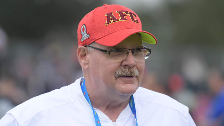 Jan 27, 2017; Kissimmee, FL, USA;  AFC coach Andy Reid of the Kansas City Chiefs during practice for the 2017 Pro Bowl at ESPN Wide World of Sports Complex. Mandatory Credit: Kirby Lee-Imagn Images
