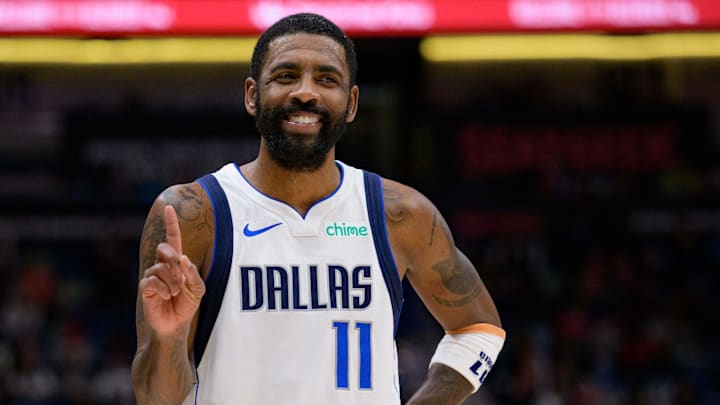 Jan 29, 2025; New Orleans, Louisiana, USA; Dallas Mavericks guard Kyrie Irving (11) reacts to fan during the second half against the New Orleans Pelicans at Smoothie King Center. Mandatory Credit: Matthew Hinton-Imagn Images Jan 29, 2025; New Orleans, Louisiana, USA; Dallas Mavericks guard Kyrie Irving (11) reacts to fan during the second half against the New Orleans Pelicans at Smoothie King Center. Mandatory Credit: Matthew Hinton-Imagn Images
