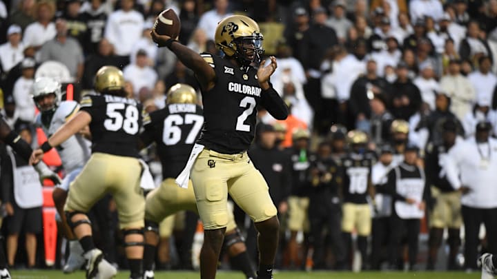 Sep 21, 2024; Boulder, Colorado, USA; Colorado Buffaloes quarterback Shedeur Sanders (2) attempts a pass during the first half against the Baylor Bears at Folsom Field. Mandatory Credit: Christopher Hanewinckel-Imagn Images