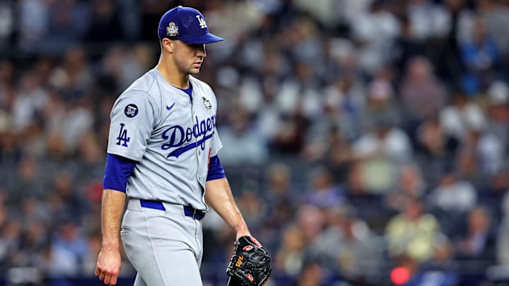 Oct 30, 2024; New York, New York, USA; Los Angeles Dodgers pitcher Jack Flaherty (0) reacts after the first inning against the New York Yankees in game four of the 2024 MLB World Series at Yankee Stadium.