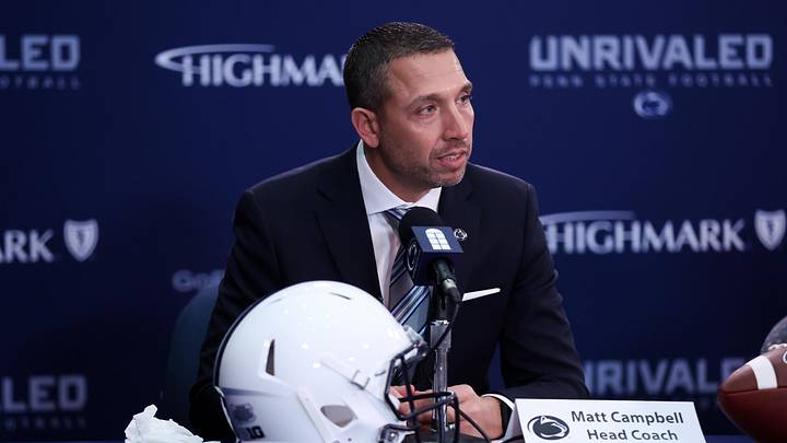 Penn State Nittany Lions football coach Matt Campbell answers questions during a press conference at Beaver Stadium. 