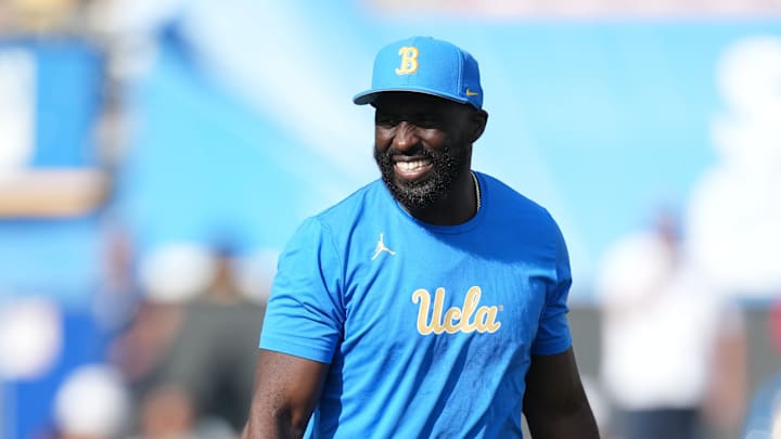 Sep 14, 2024; Pasadena, California, USA; UCLA Bruins head coach DeShaun Foster reacts in the first half against the Indiana Hoosiers at Rose Bowl. Mandatory Credit: Kirby Lee-Imagn Images