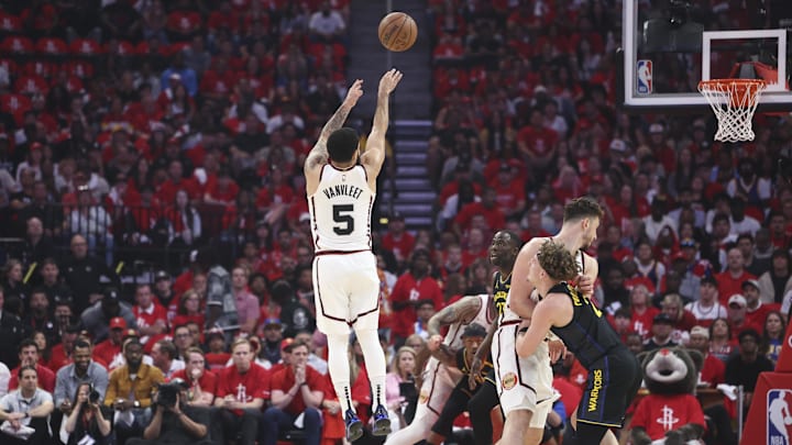 May 4, 2025; Houston, Texas, USA; Houston Rockets guard Fred VanVleet (5) shoots the ball during the first half of game seven of first round for the 2025 NBA Playoffs against the Golden State Warriors at Toyota Center. Mandatory Credit: Troy Taormina-Imagn Images