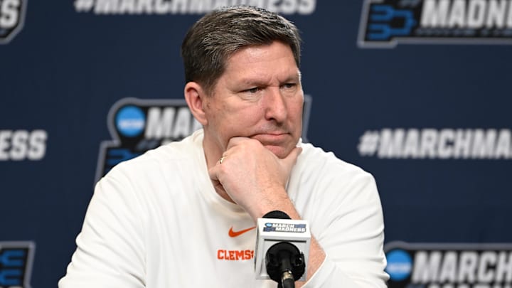 Mar 19, 2025; Providence, RI, USA;    Clemson Tigers head coach Brad Brownell speaks to the media during a press conference at Amica Mutual Pavilion. Mandatory Credit: Eric Canha-Imagn Images