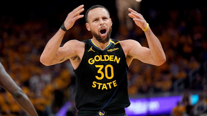 May 2, 2025; San Francisco, California, USA; Golden State Warriors guard Stephen Curry (30) reacts after being fouled against the Houston Rockets in the third quarter of game six of the first round for the 2025 NBA Playoffs at Chase Center. Mandatory Credit: Cary Edmondson-Imagn Images