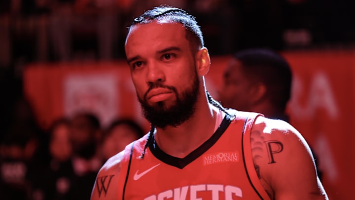 Dec 19, 2024; Houston, Texas, USA; Houston Rockets forward Dillon Brooks (9) waits to be introduced before playing against the New Orleans Pelicans at Toyota Center. Mandatory Credit: Thomas Shea-Imagn Images